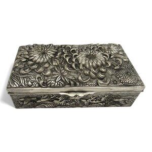 JAPANESE Metal TRINKET Chrysanthemum Flowers and Birds Rectangular Box Vintage